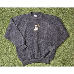 VINTAGE Art Unlimited Melton Fleece Sweater Mens Large Blue Winter Snowman USA